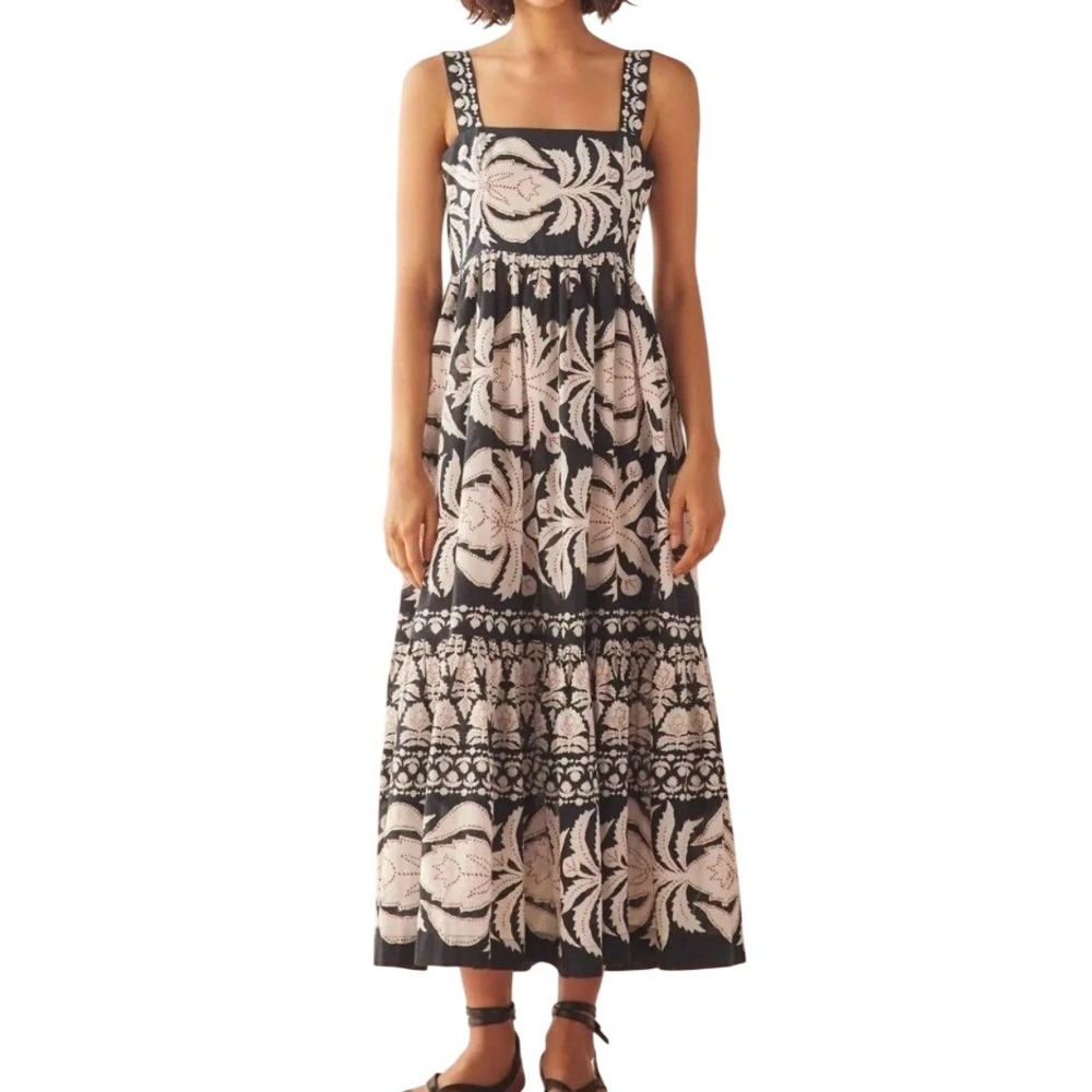 Omika Leena Maxi Dress Pockets Nikita Oyster Black Cream Print Tiered Smocked M